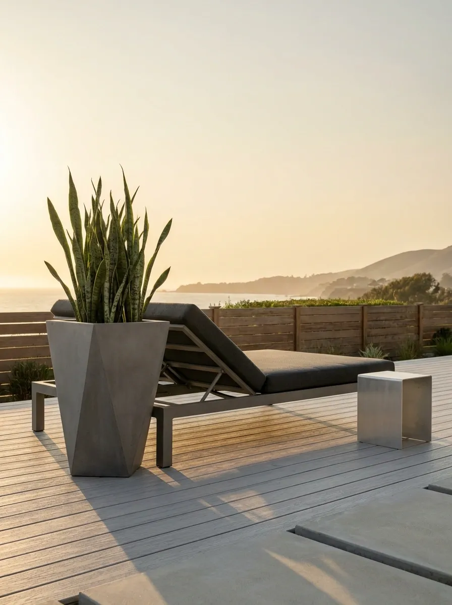 Minimalist Gray Deck With a Single Sculptural Planter Focal Point