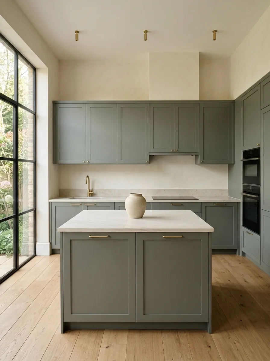 Minimalist Gray-Green Kitchen With Pale Stone and Oak