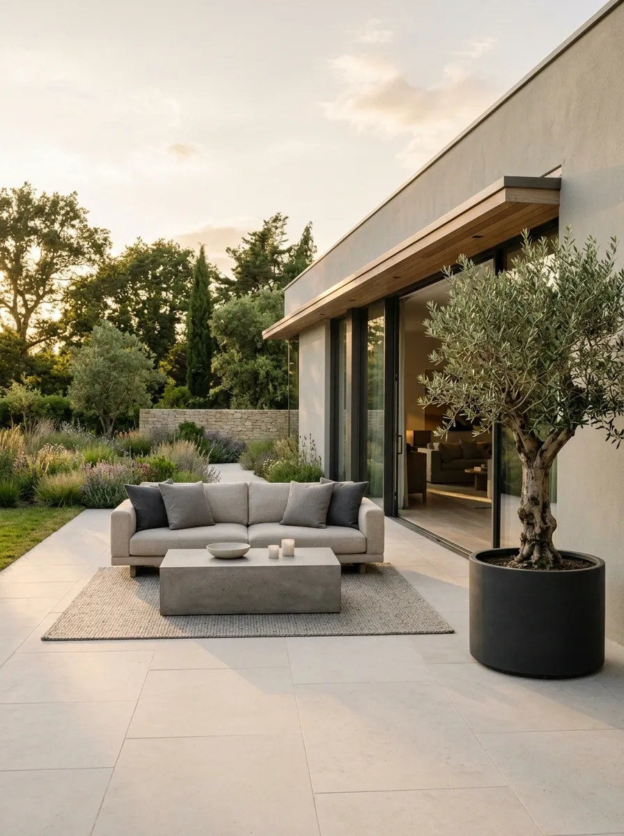 Minimalist Patio With Flush Paving and Almost No Decoration