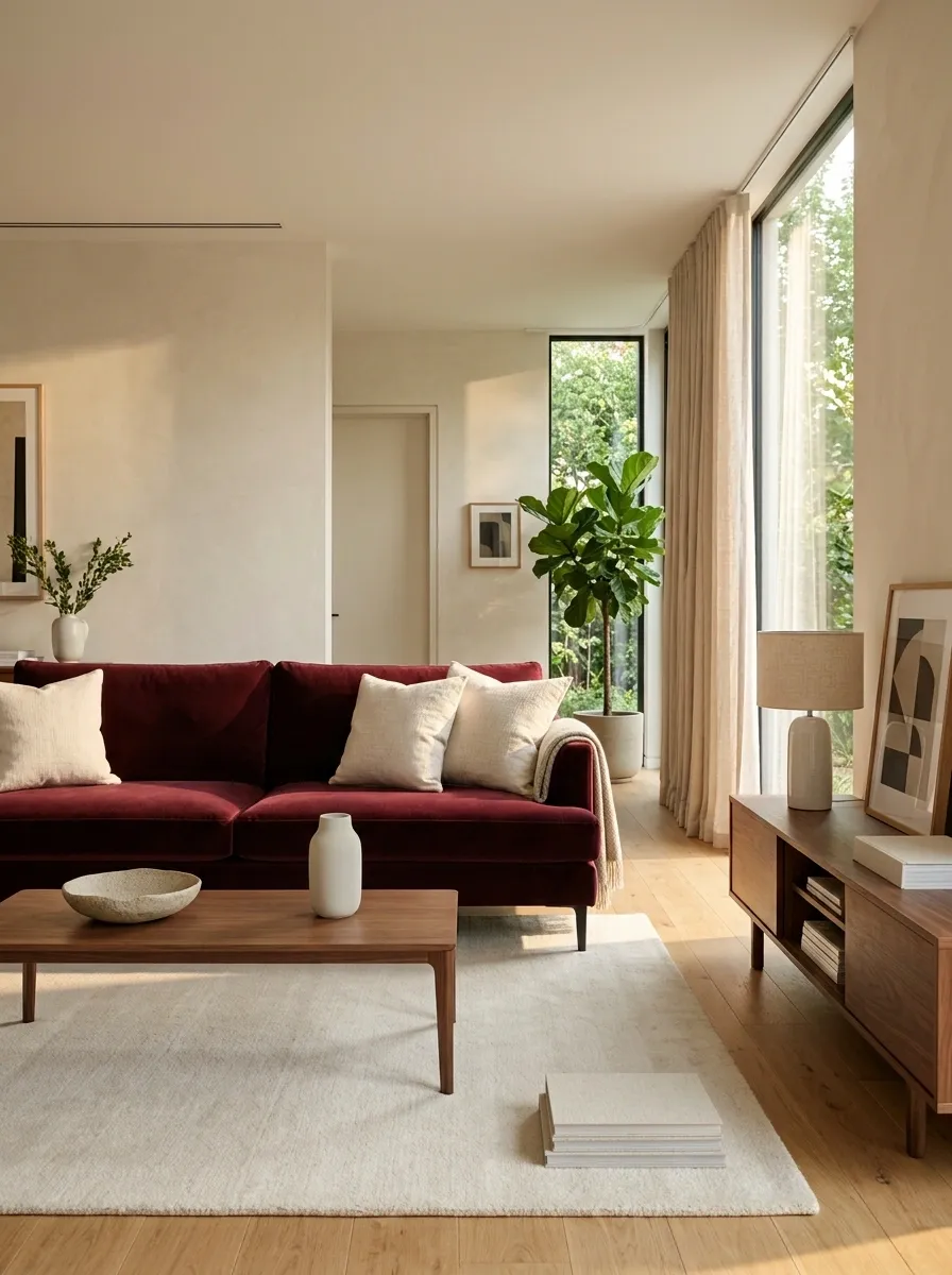 Mix a Burgundy Velvet Sofa With Walnut Furniture