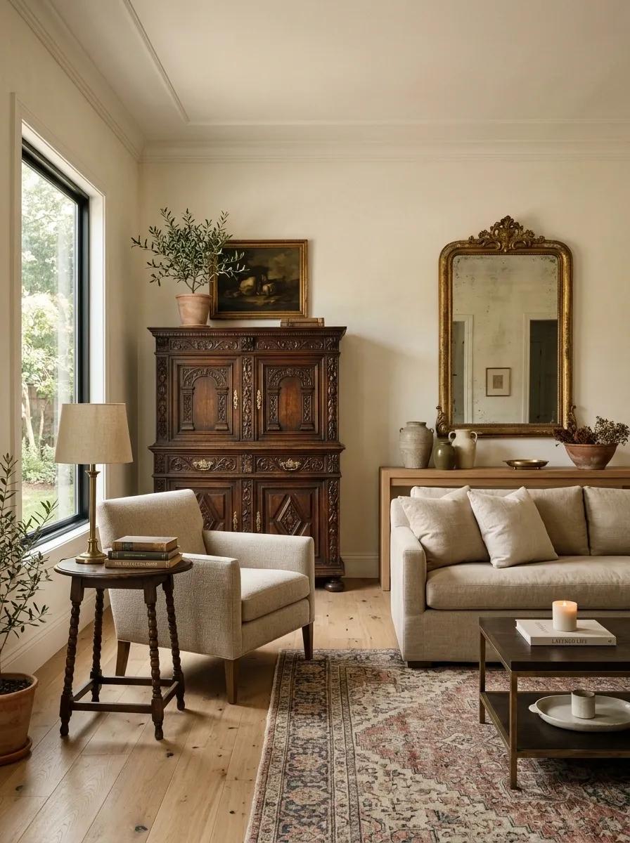 Mix Antique-Looking Pieces With Simpler Modern Furniture