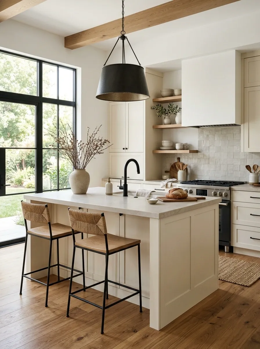 Mix black accents into an otherwise soft material palette