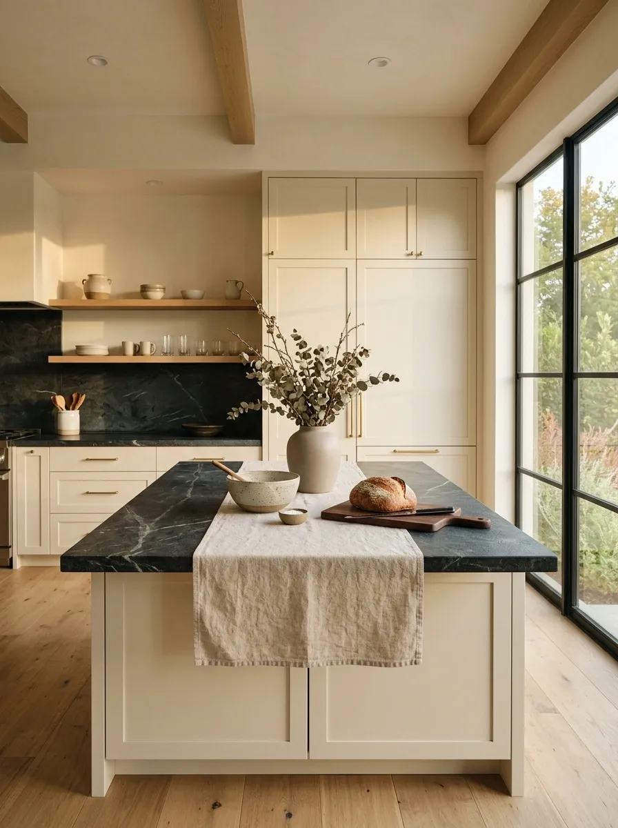 Mix smooth cabinetry with a rougher stone surface