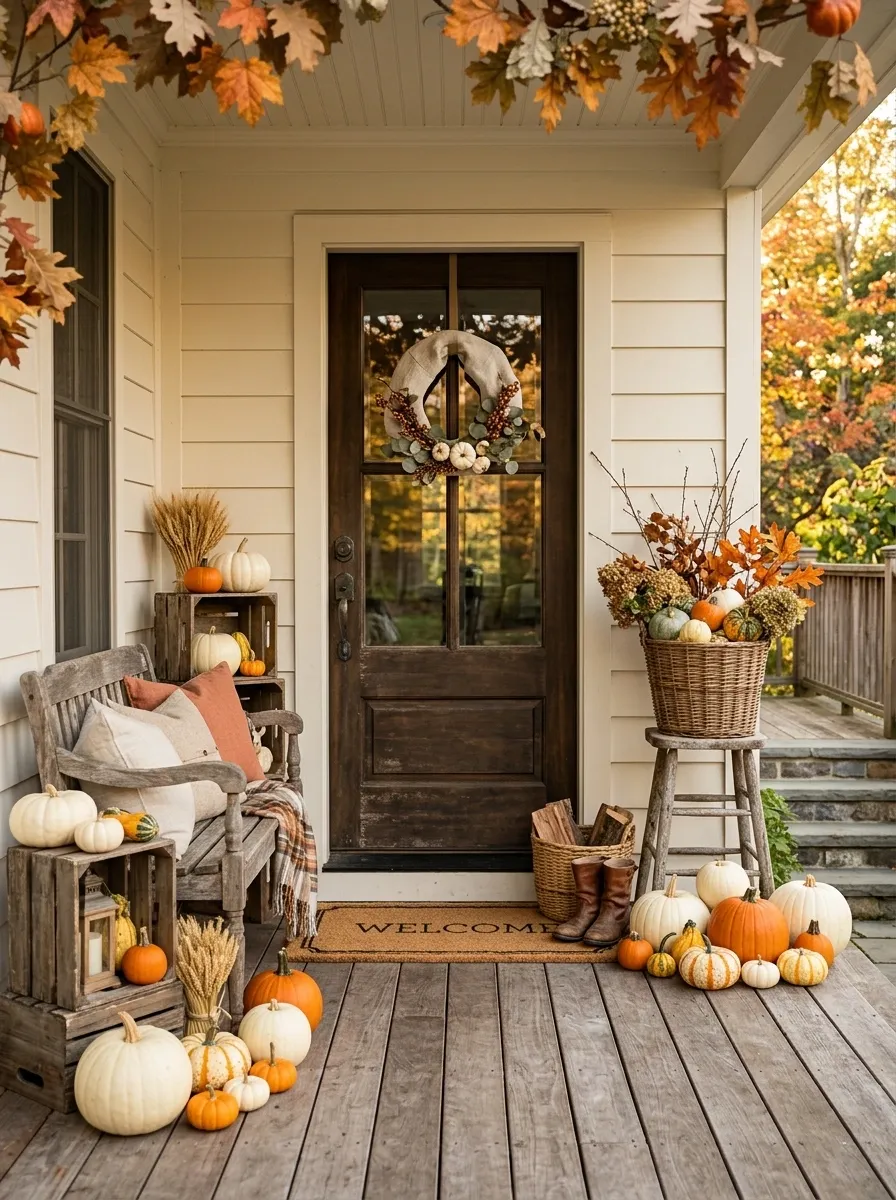 Mix White and Orange Pumpkins With Weathered Wood