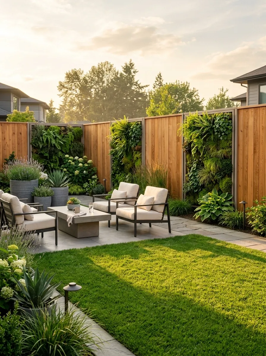 Mixed Fence Panels With Alternating Wood and Greenery
