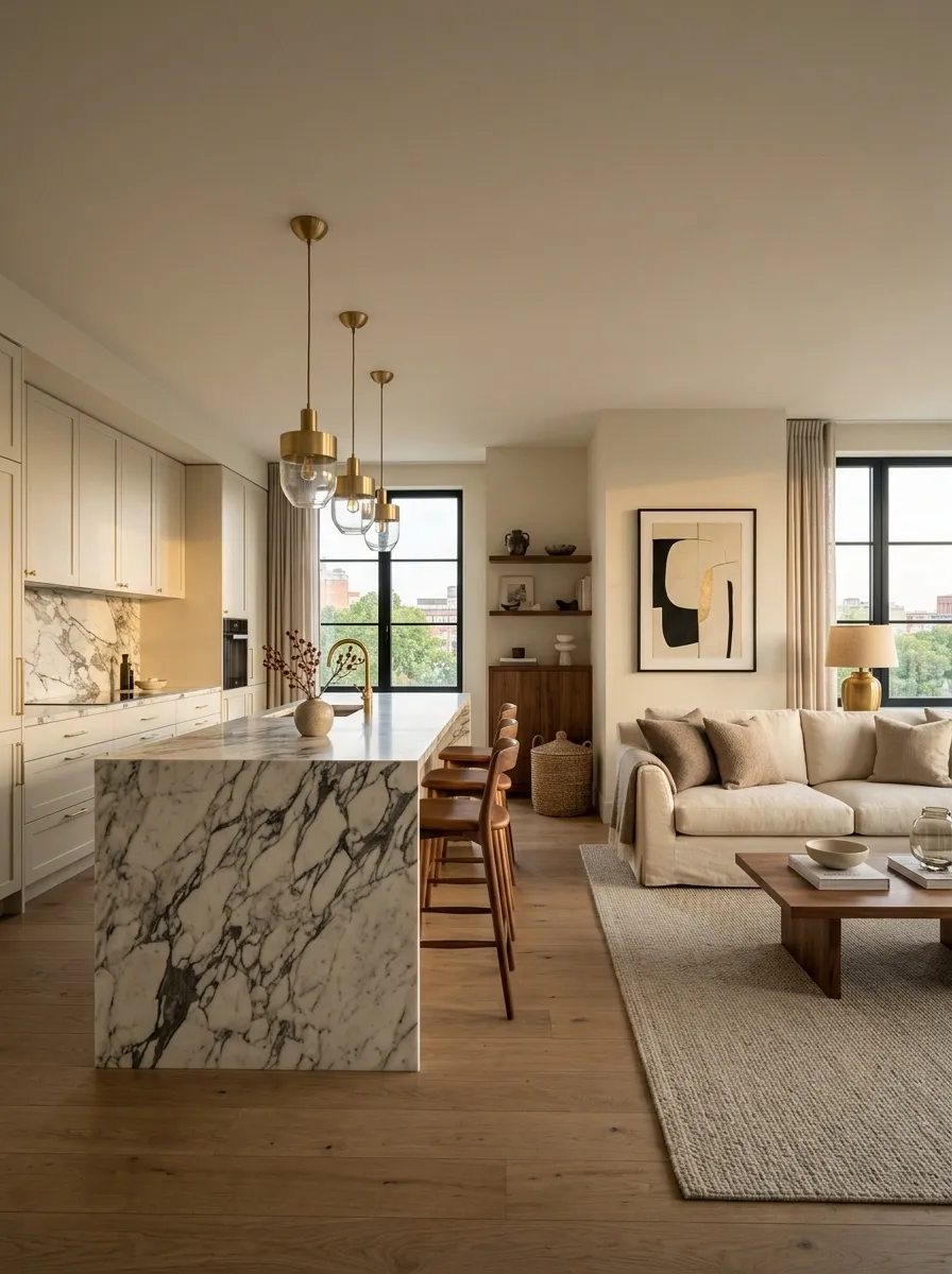 Modern Apartment With a Statement Stone Kitchen and Quiet Living Room