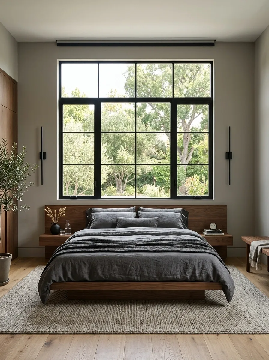 Modern Bedroom With a Floating Platform Bed Under a Black-Framed Window