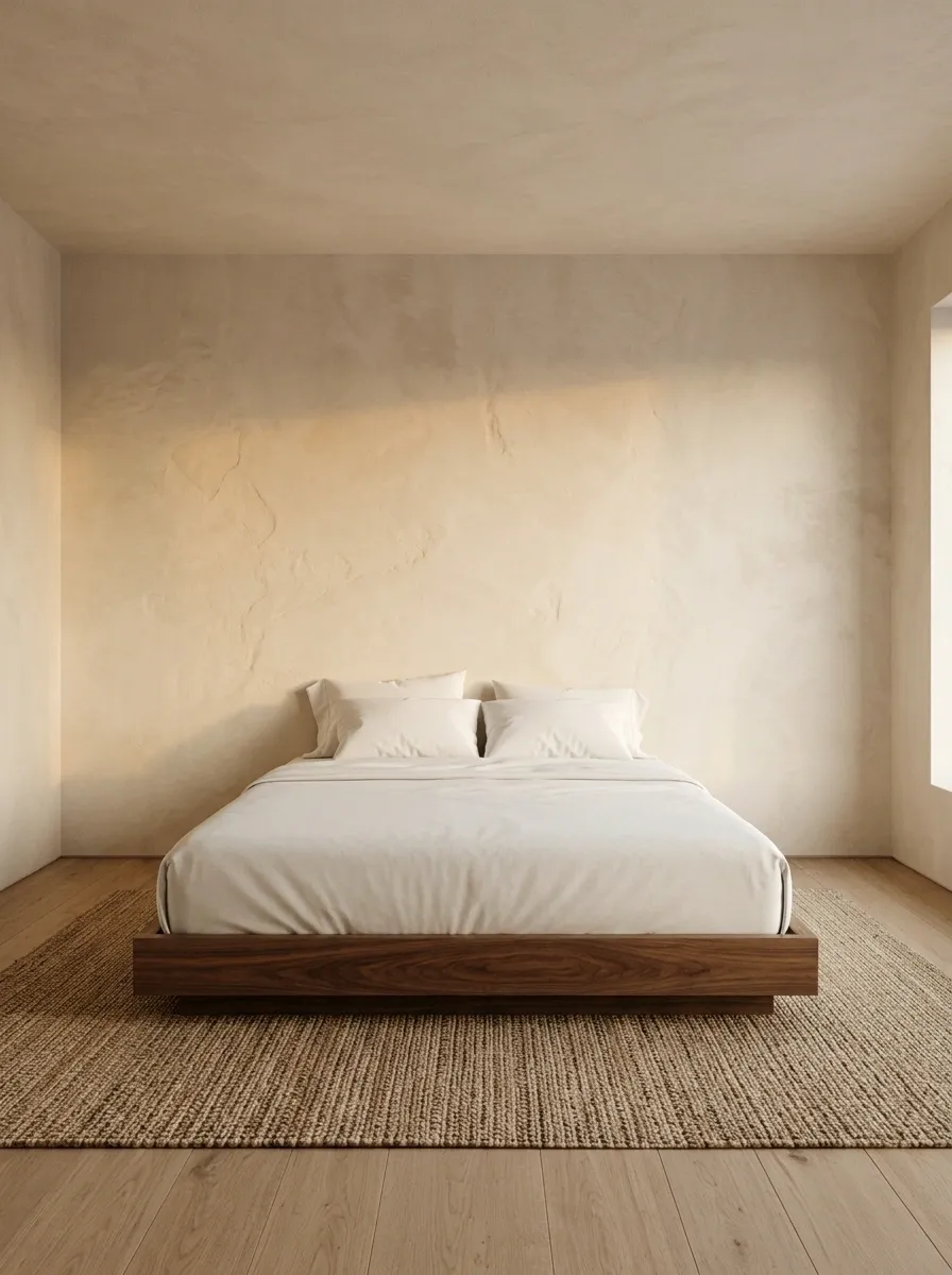 Modern Bedroom With Low Furniture and Warm Plaster Walls