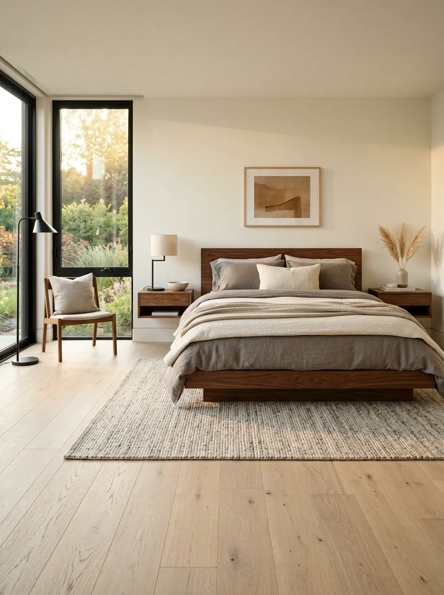 Modern Bedroom With Walnut Bed and Pale Oak Floors