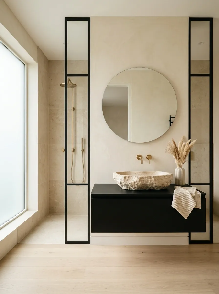 Modern Black-and-Cream Bathroom With Sculptural Vanity