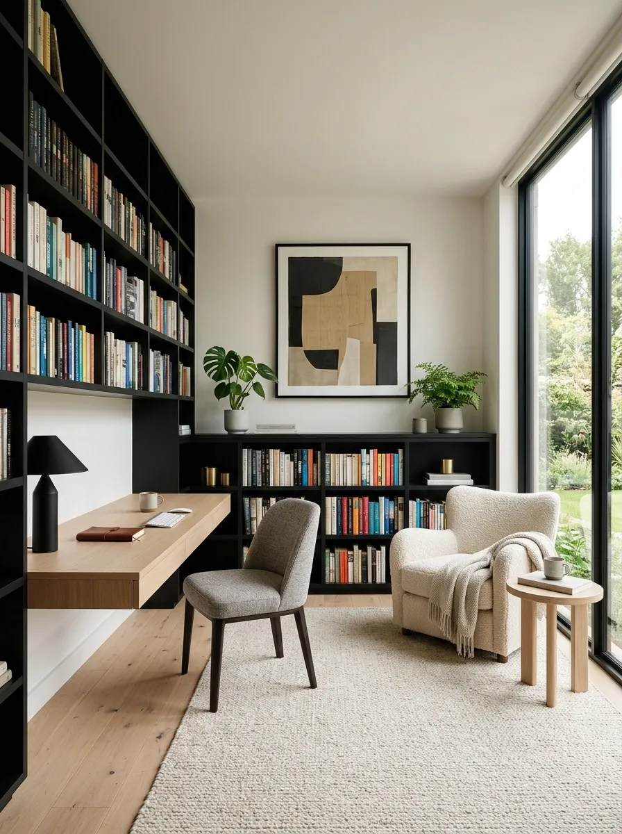 Modern Black-and-Oak Library With Floating Desk
