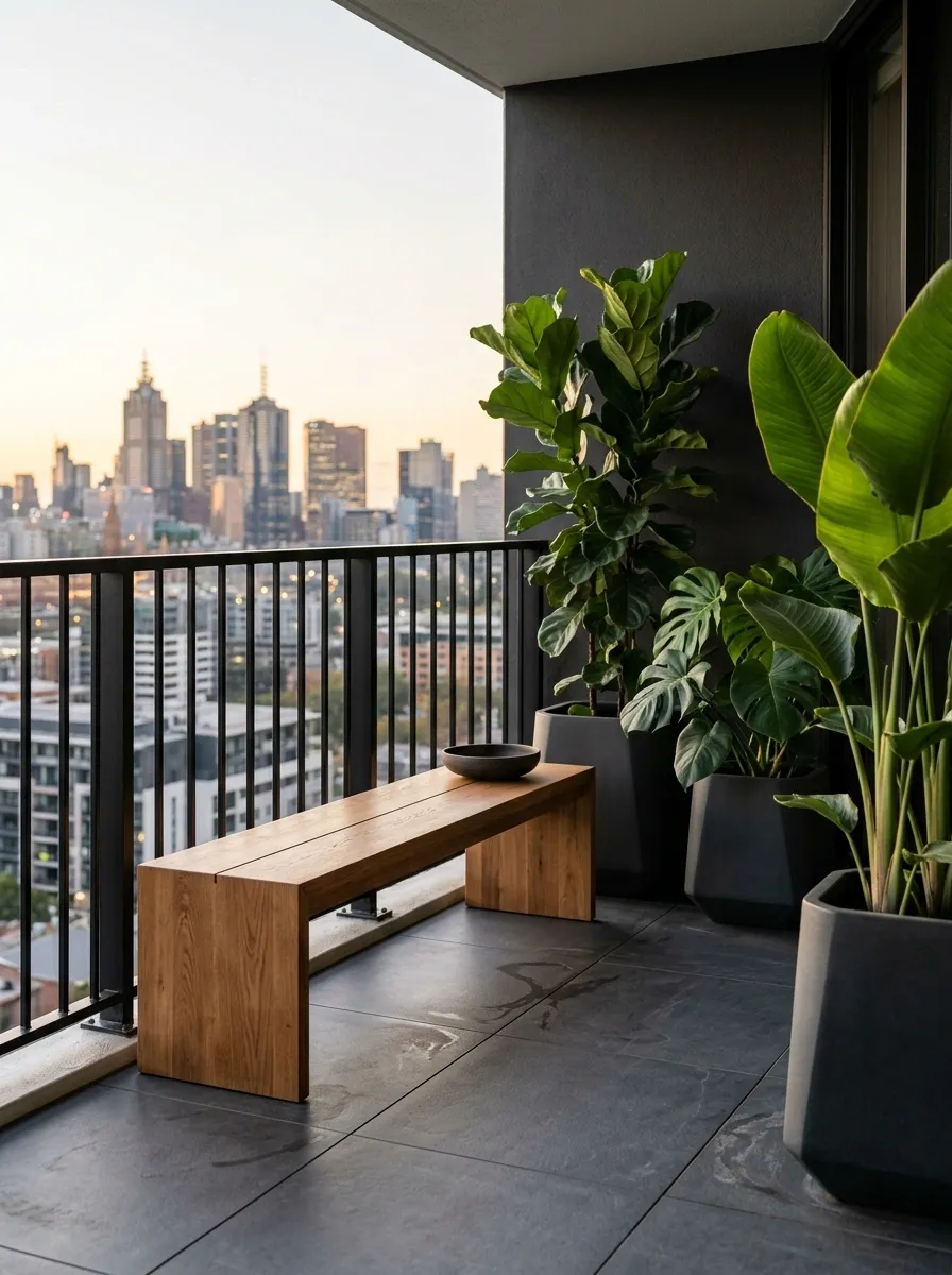 Modern Black Balcony With Sculptural Greenery and Oak Furniture