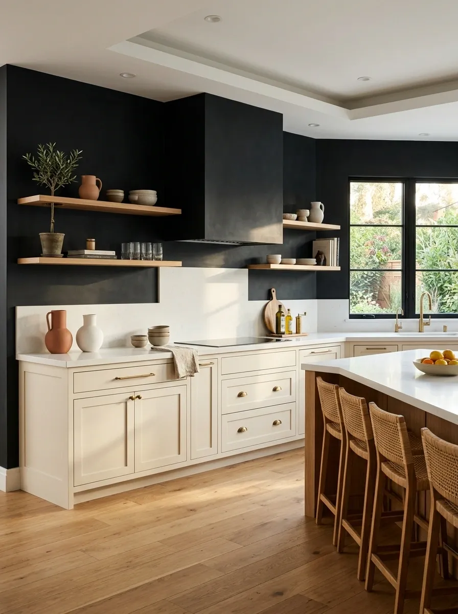 Modern Black Kitchen With White Stone and Light Oak