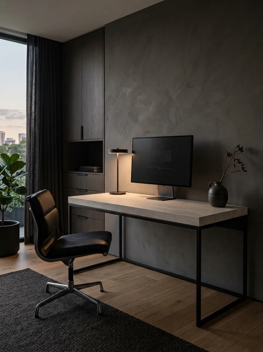 Modern Black Office With a Stone Desk Surface