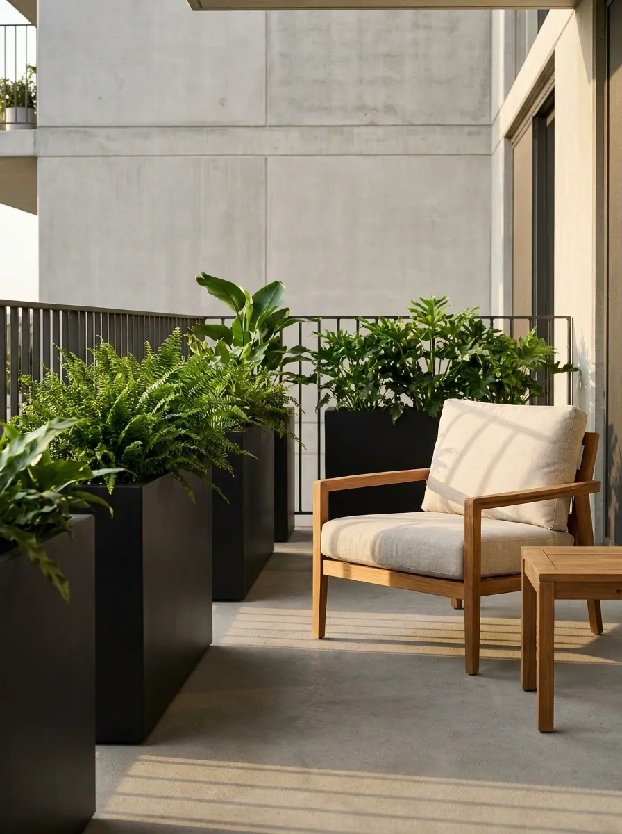 Modern Black Planters With Warm Wood Seating
