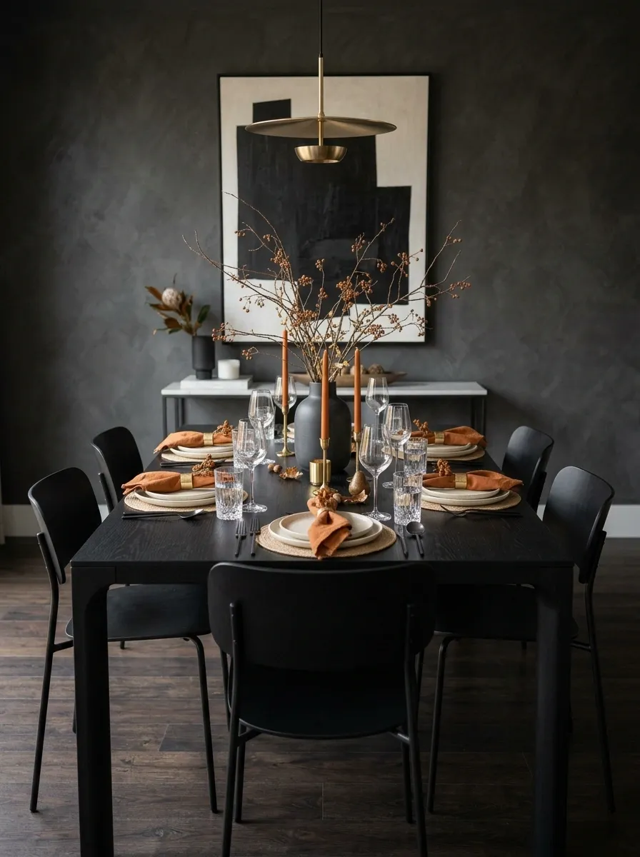 Modern Black Table With Burnt Orange Linen