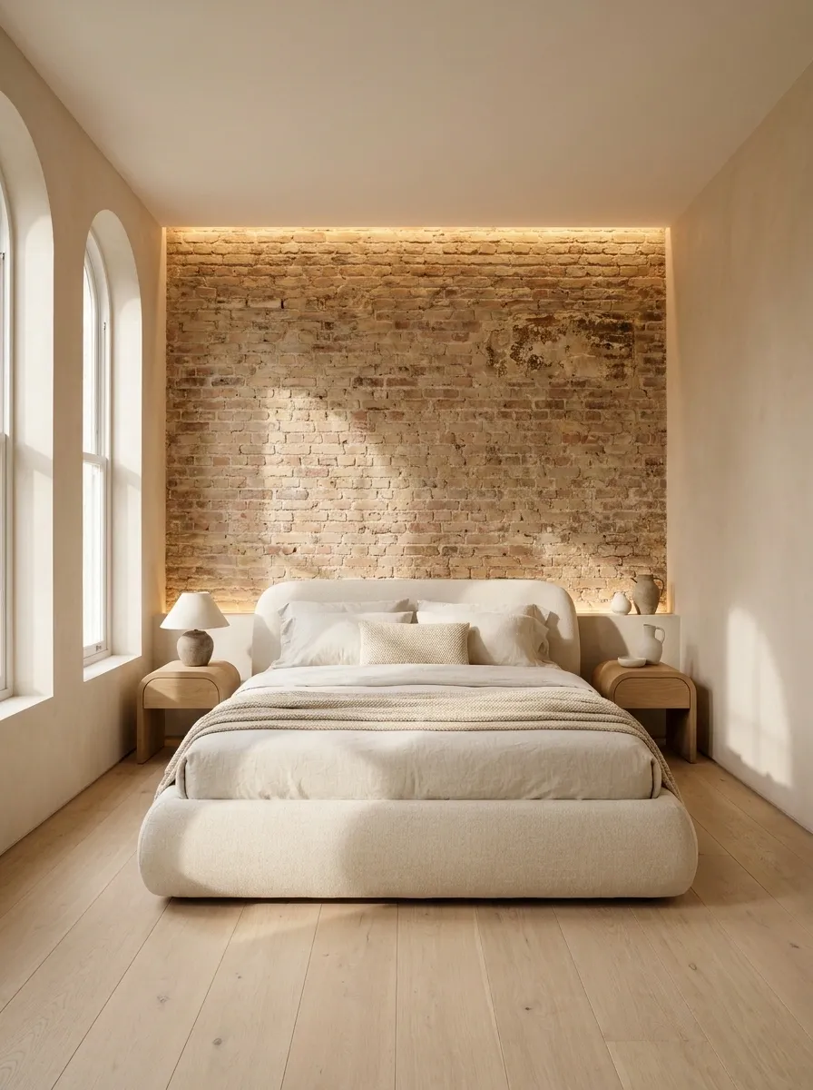Modern Brick Feature Wall With Soft Linen Furniture