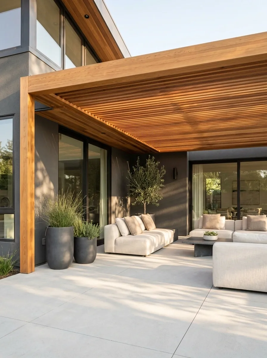 Modern Cedar Pergola With a Flat Slatted Roof