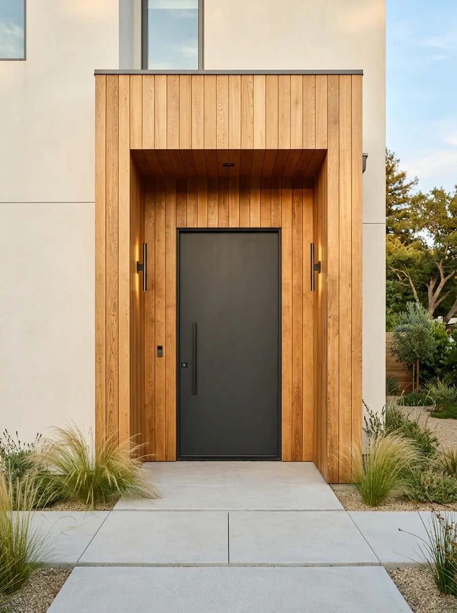 Modern Charcoal Door With Full-Height Wood Surround