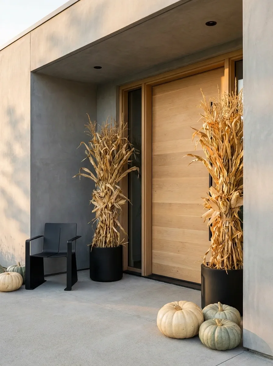 Modern Concrete Porch With Golden Stalks and Minimal Decor