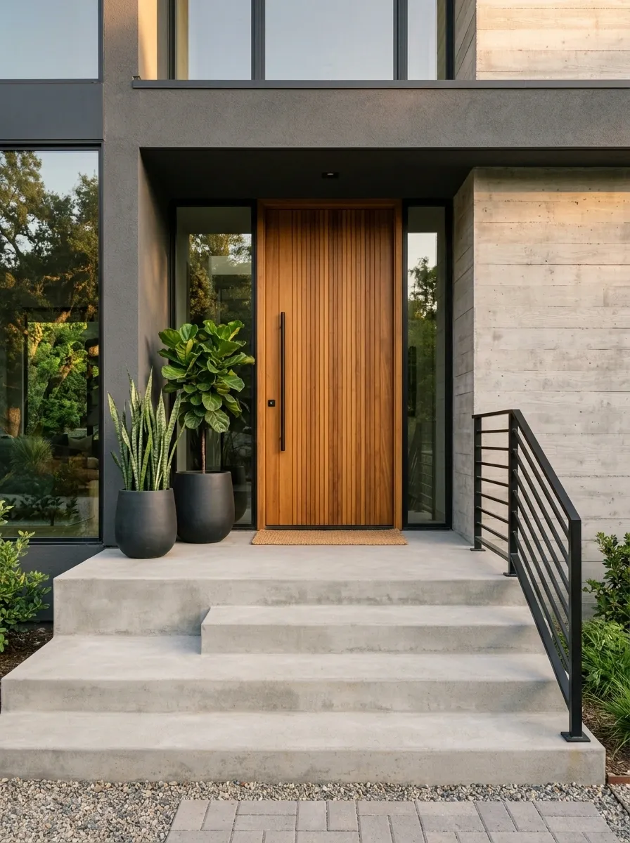Modern Concrete Steps With a Slim Black Steel Railing