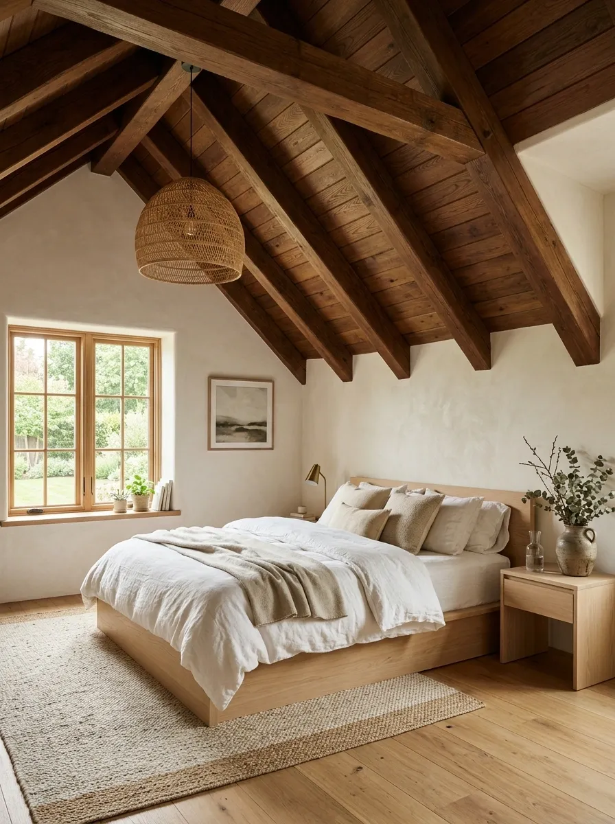 Modern Cottage Bedroom With Exposed Ceiling Beams