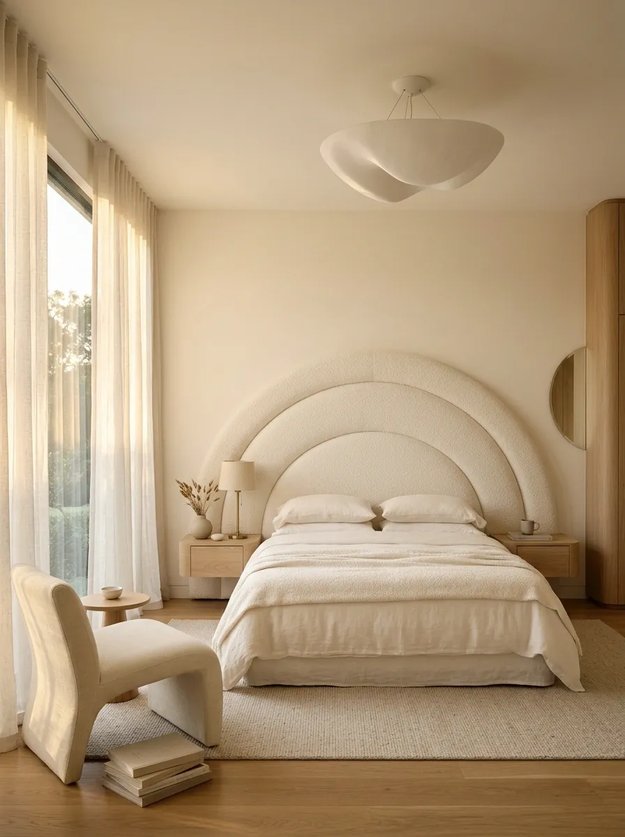 Modern Cream Bedroom With Curved Furniture and Sculptural Lighting