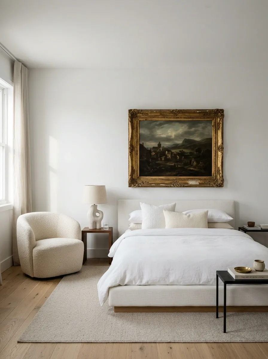 Modern Eclectic Bedroom With Sculptural Furniture and Vintage Artwork