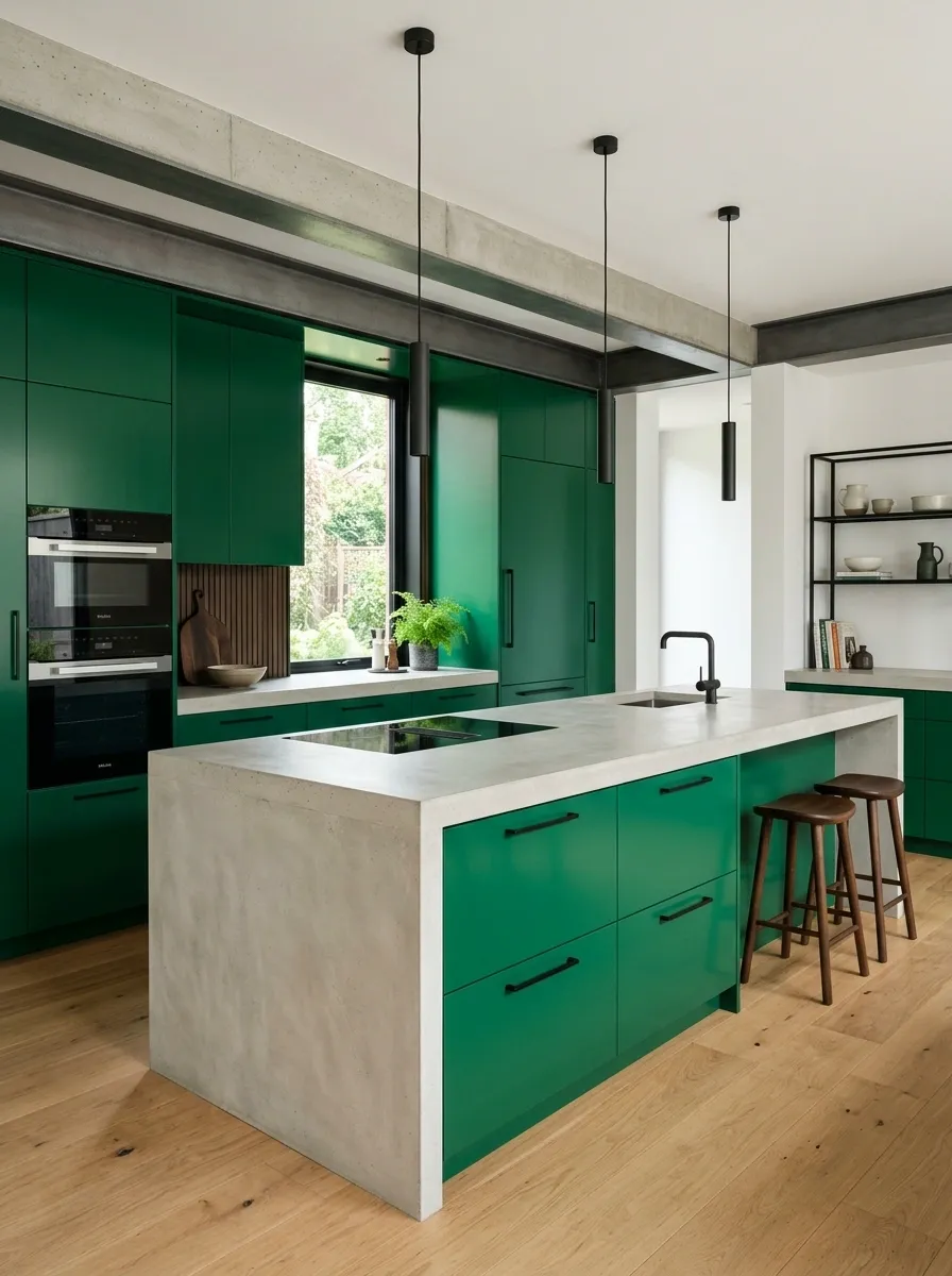 Modern Emerald Green Kitchen With Concrete and Matte Black