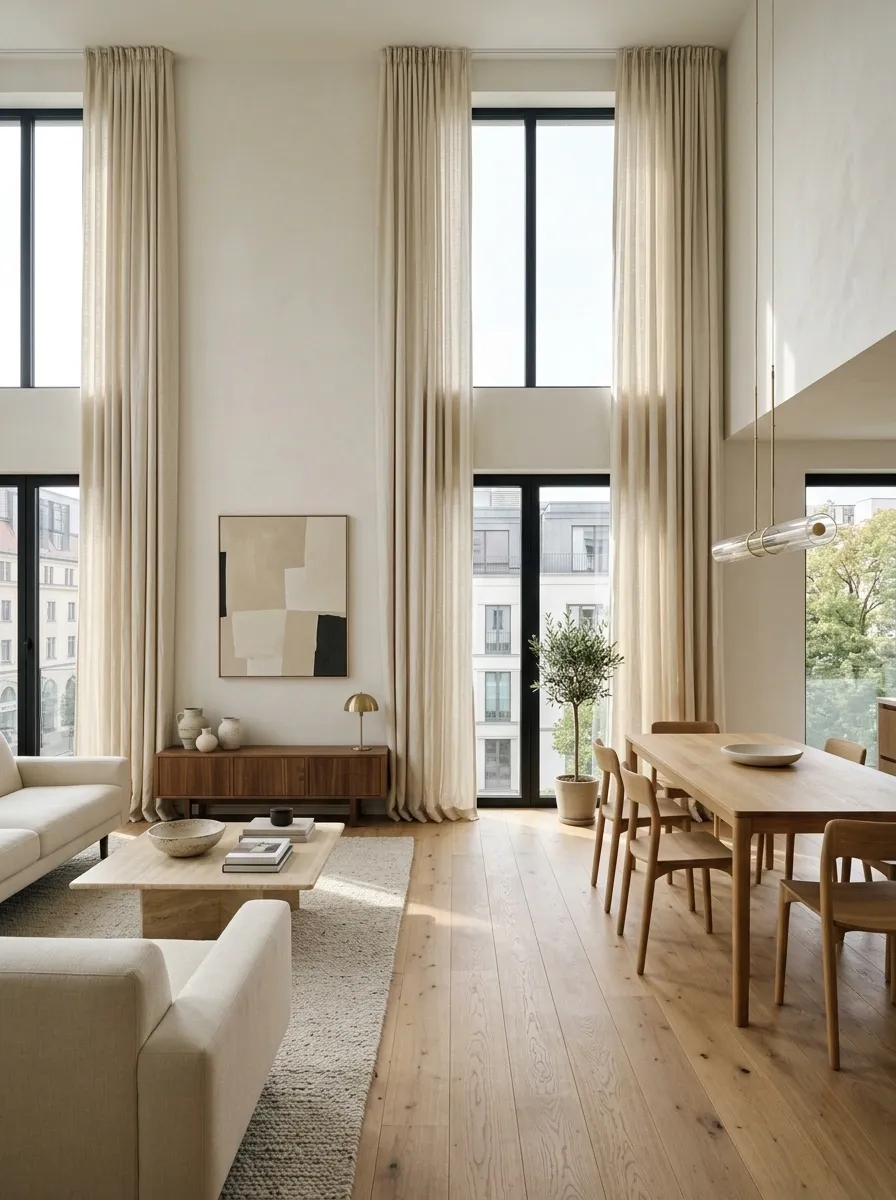Modern European Apartment With Tall Curtains and Natural Stone