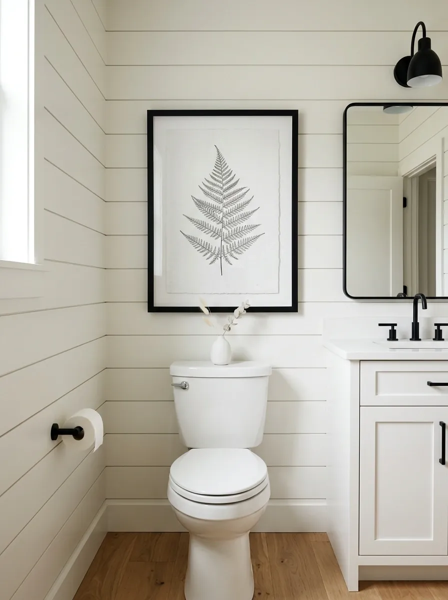 Modern Farmhouse Bathroom With Black-Framed Artwork