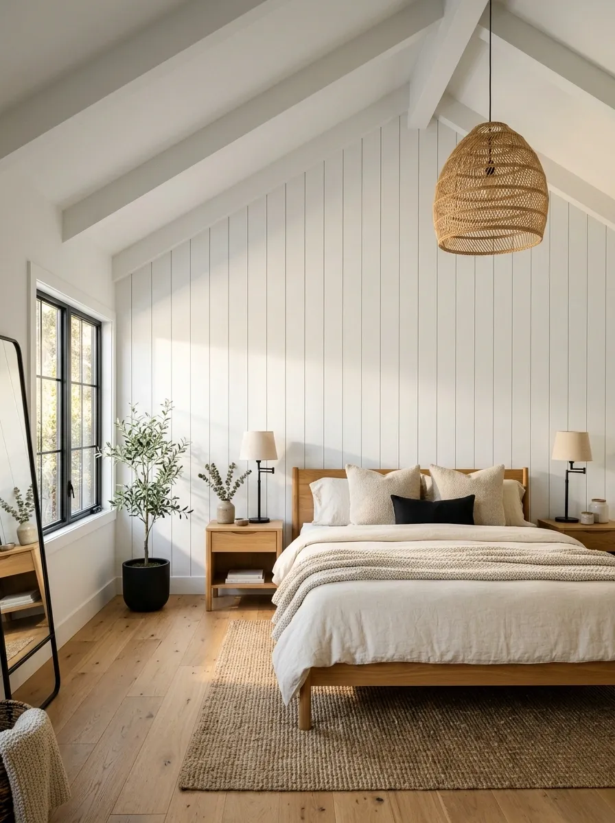 Modern Farmhouse Bedroom With White Shiplap and Oak
