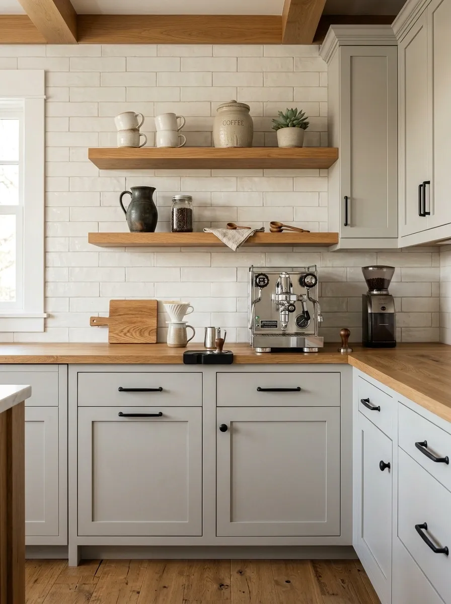 Modern Farmhouse Coffee Bar With Soft Gray Cabinetry