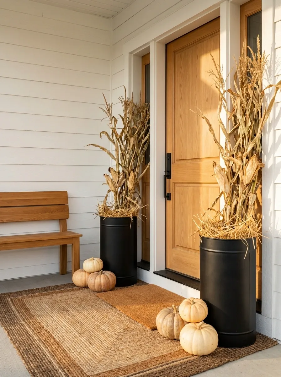 Modern Farmhouse Entry With Black Planters and Natural Stalks