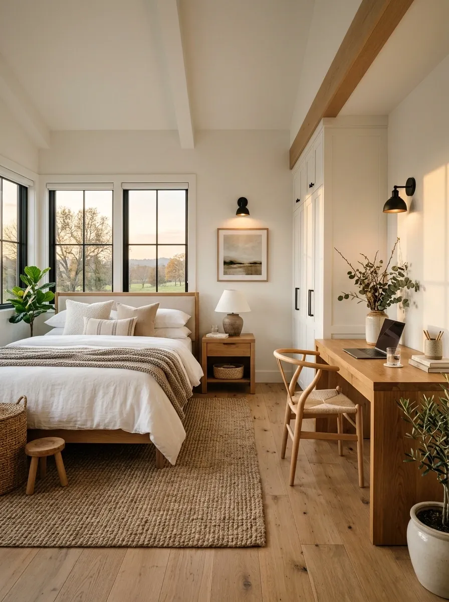 Modern Farmhouse Guest Room With a Warm Wood Work Nook