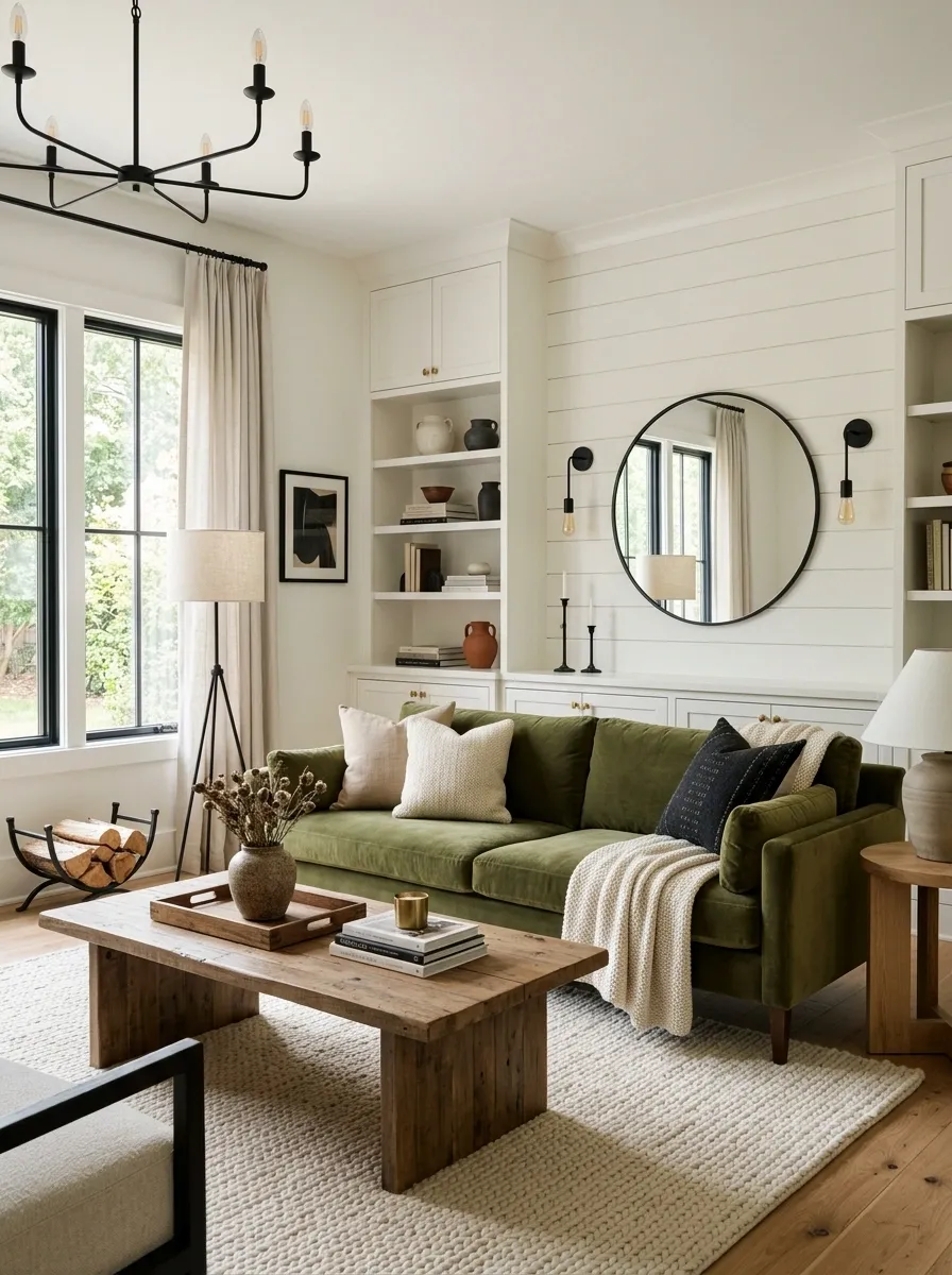 Modern Farmhouse Living Room With Olive Sofa and Black Accents