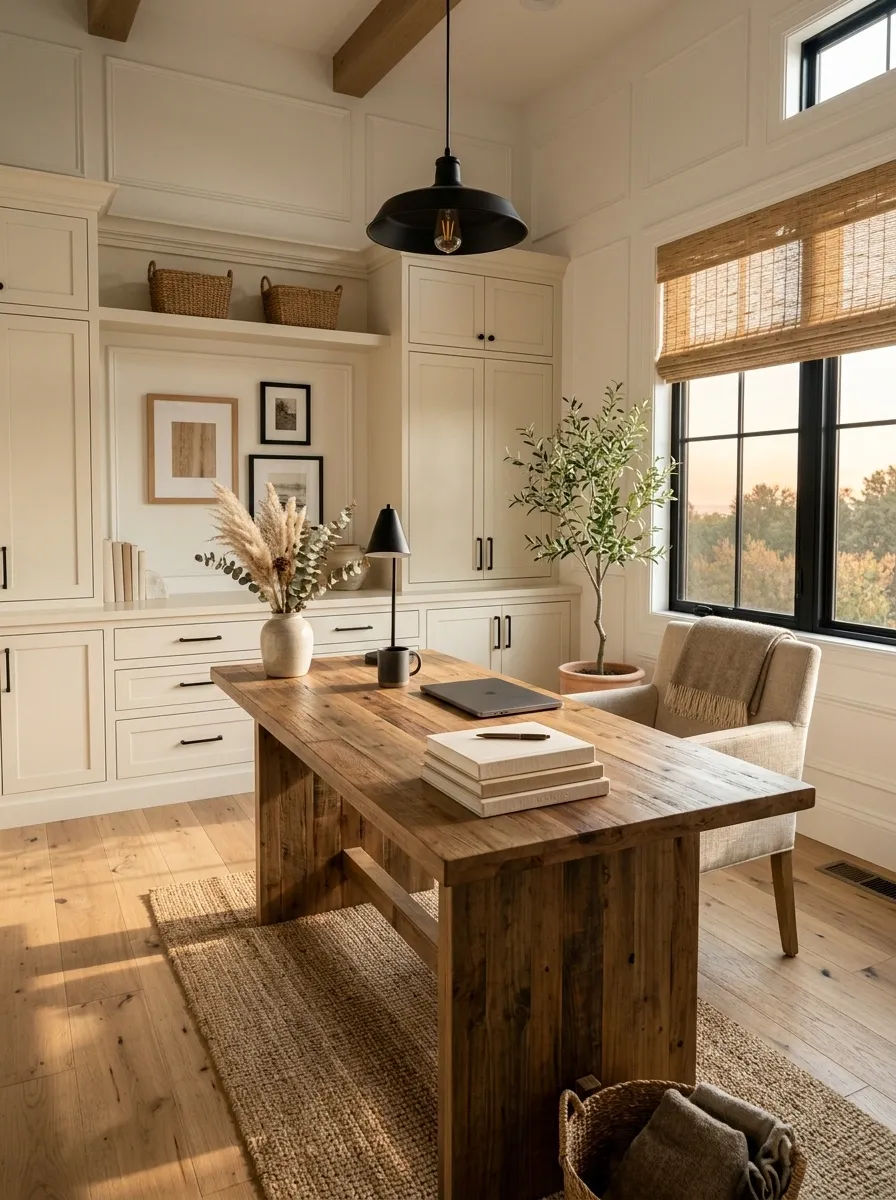 Modern Farmhouse Office With a Large Wood Worktable