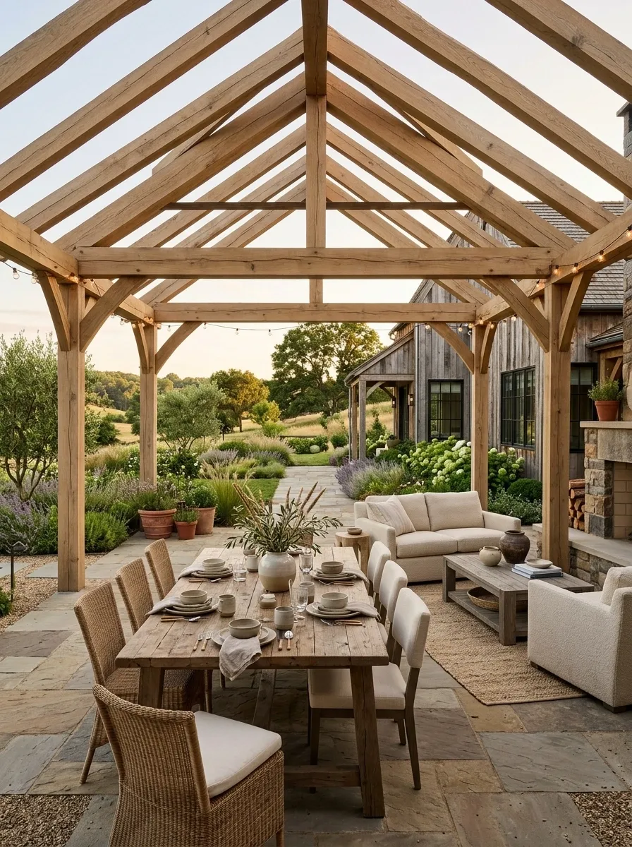 Modern Farmhouse Pergola With a Wide Timber Roof