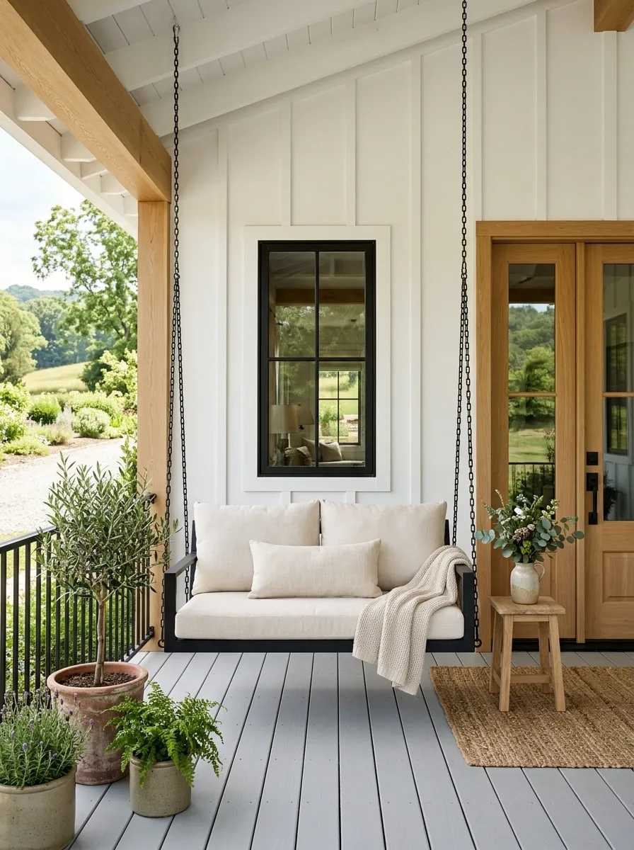 Modern Farmhouse Porch With Black-Framed Swing and Oak