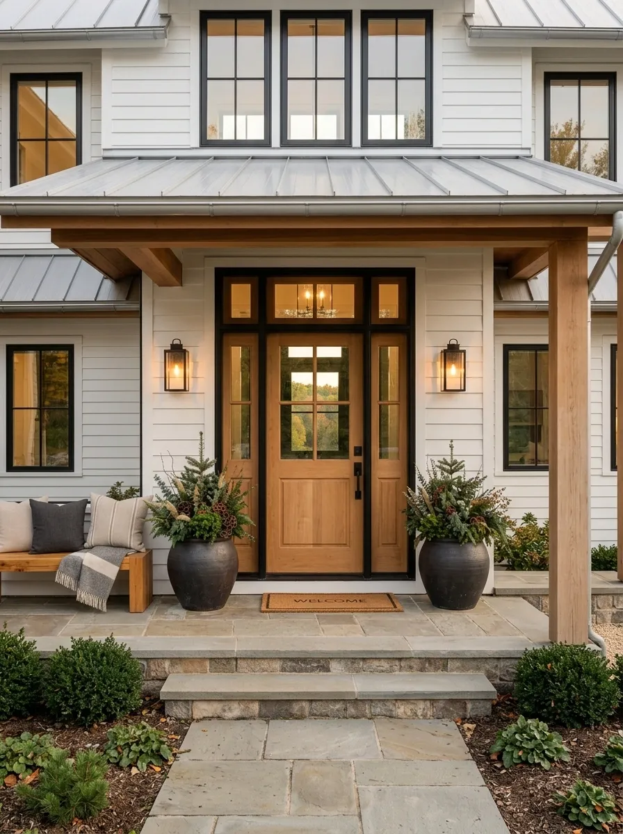 Modern Farmhouse Porch With Black Windows and Warm Timber