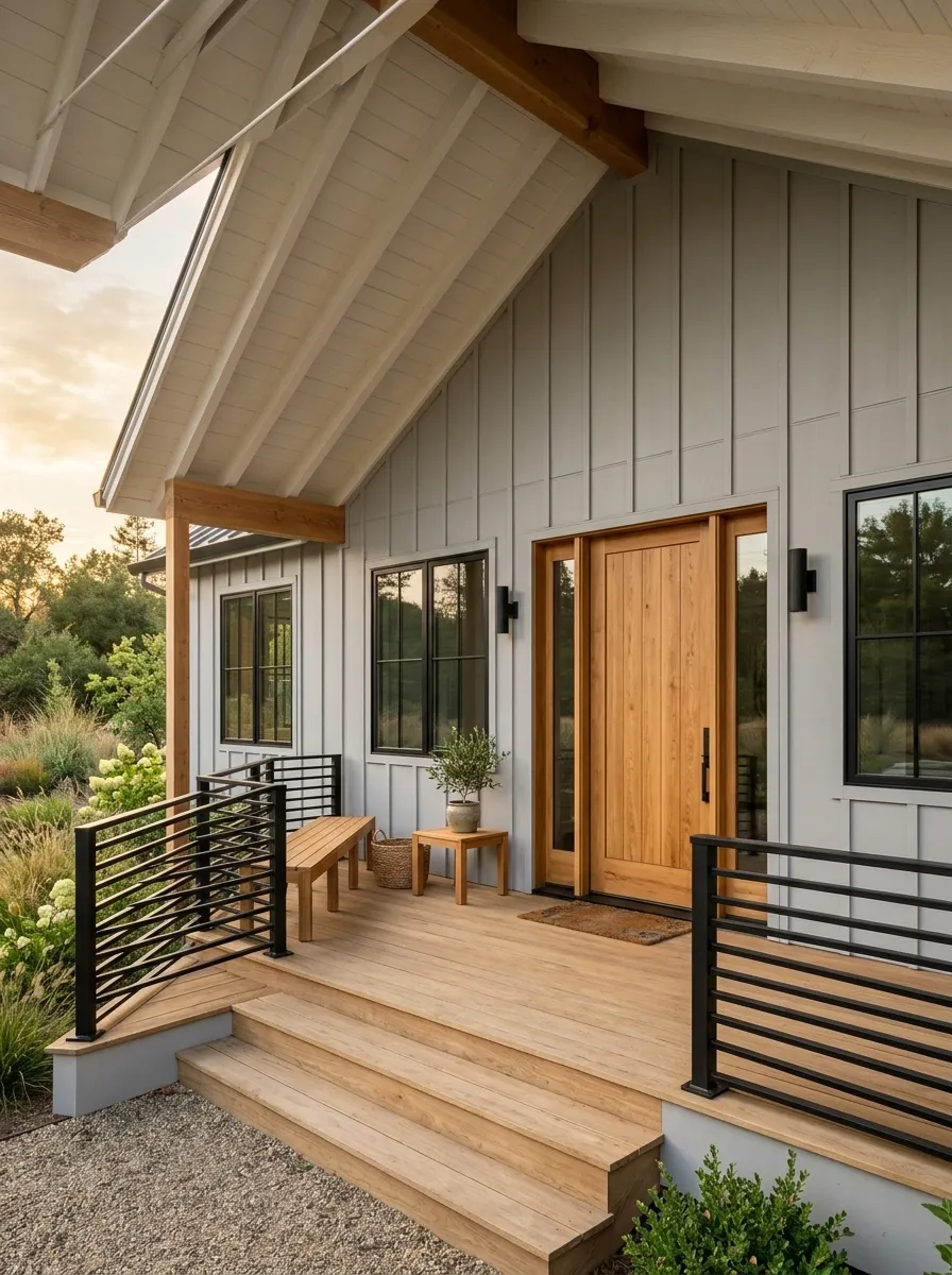 Modern Farmhouse Porch With Horizontal Black Slat Railings