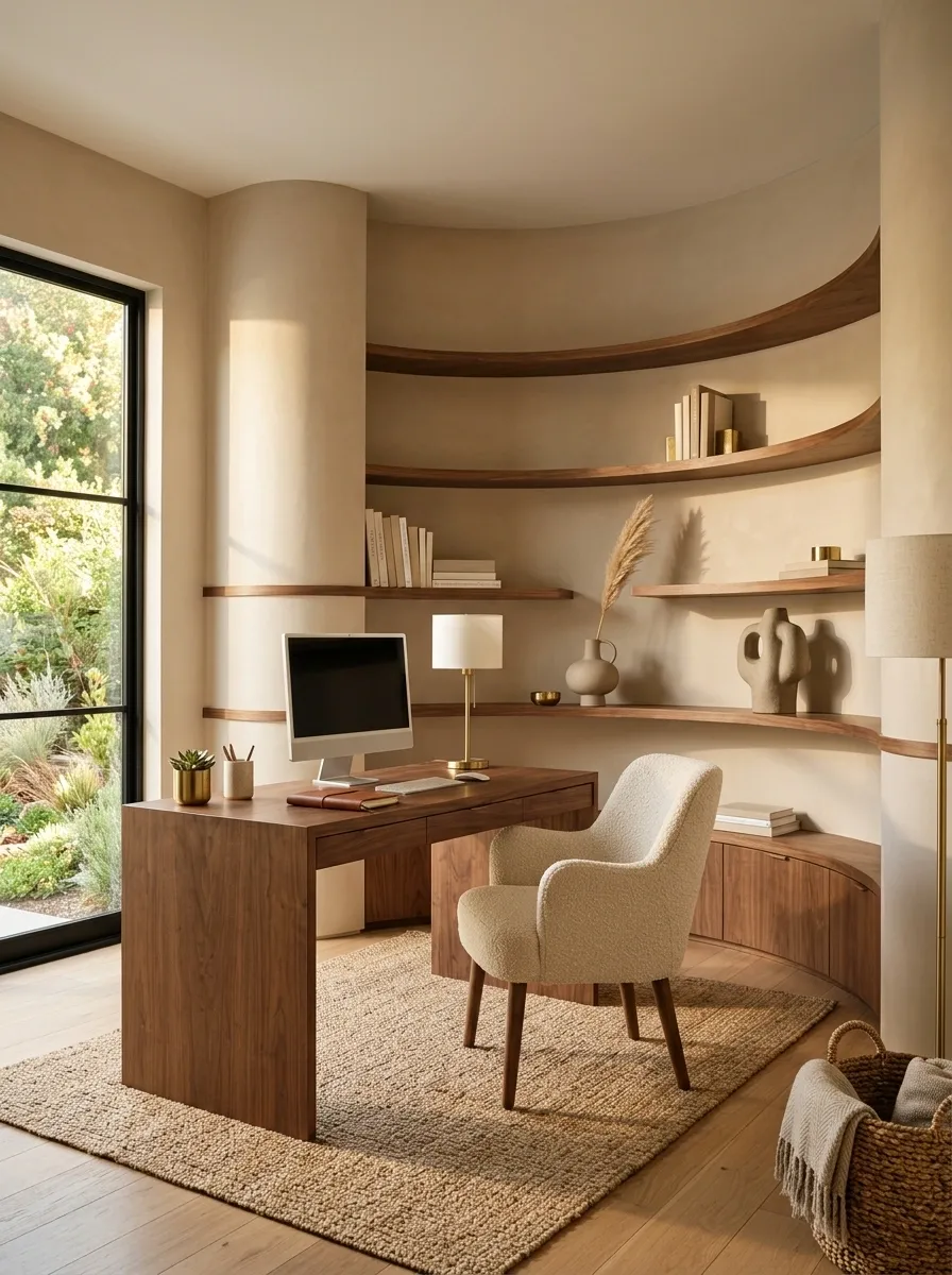 Modern Feminine Office With Curved Shelving