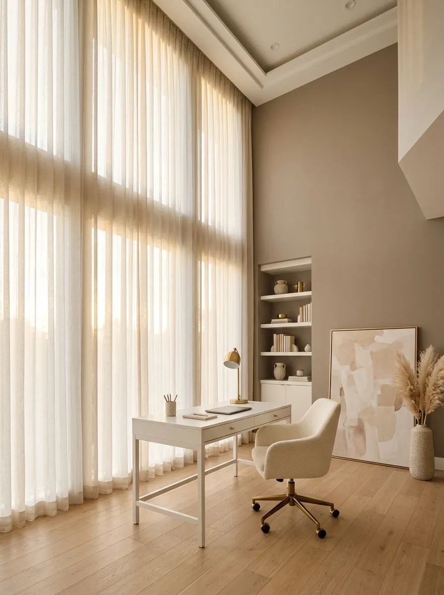 Modern Feminine Office With Floor-to-Ceiling Curtains