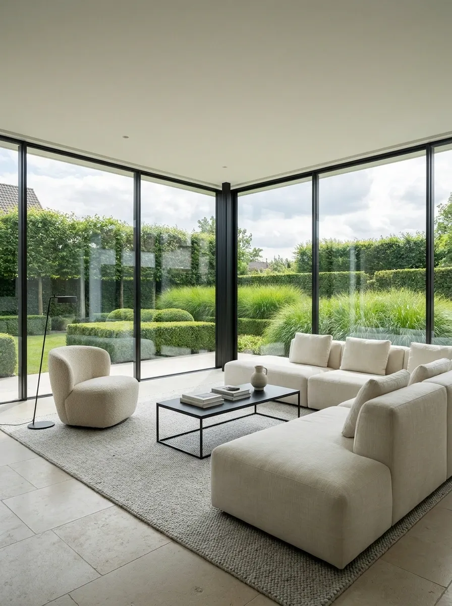 Modern Garden Lounge With Black Framing and Stone