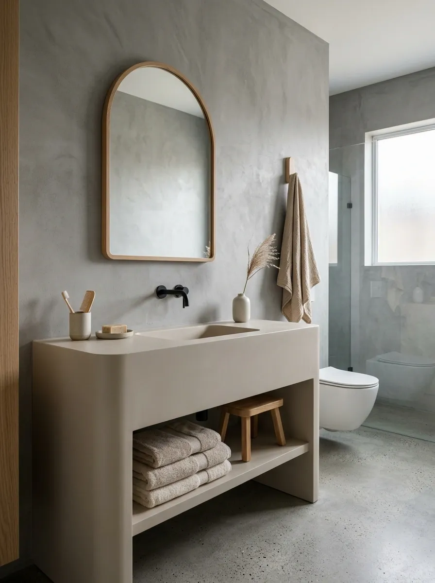 Modern Grey Concrete Bathroom With Beige Textiles