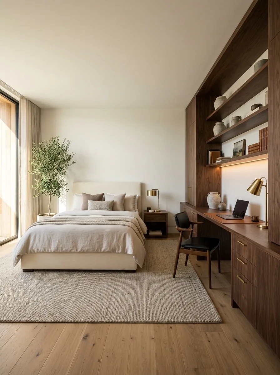 Modern Guest Room With a Dark Walnut Office Wall