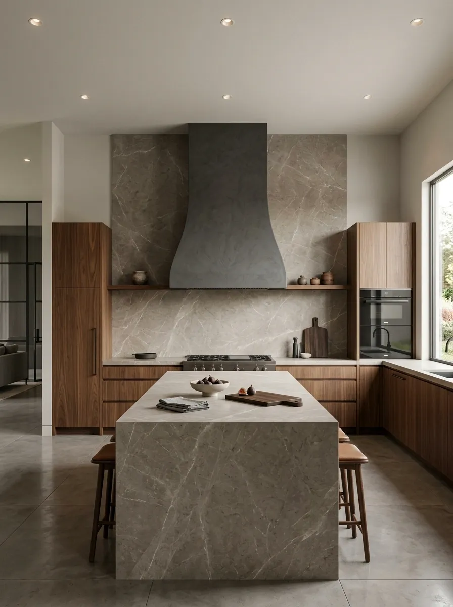 Modern Kitchen With Waterfall Stone and Sculptural Range Hood