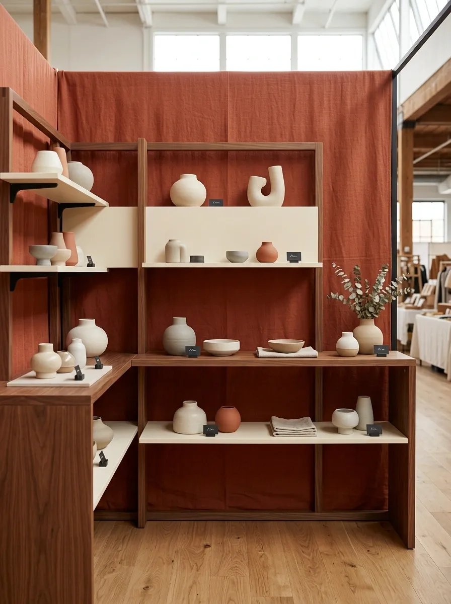 Modern Market Booth With Terracotta, Cream, and Walnut
