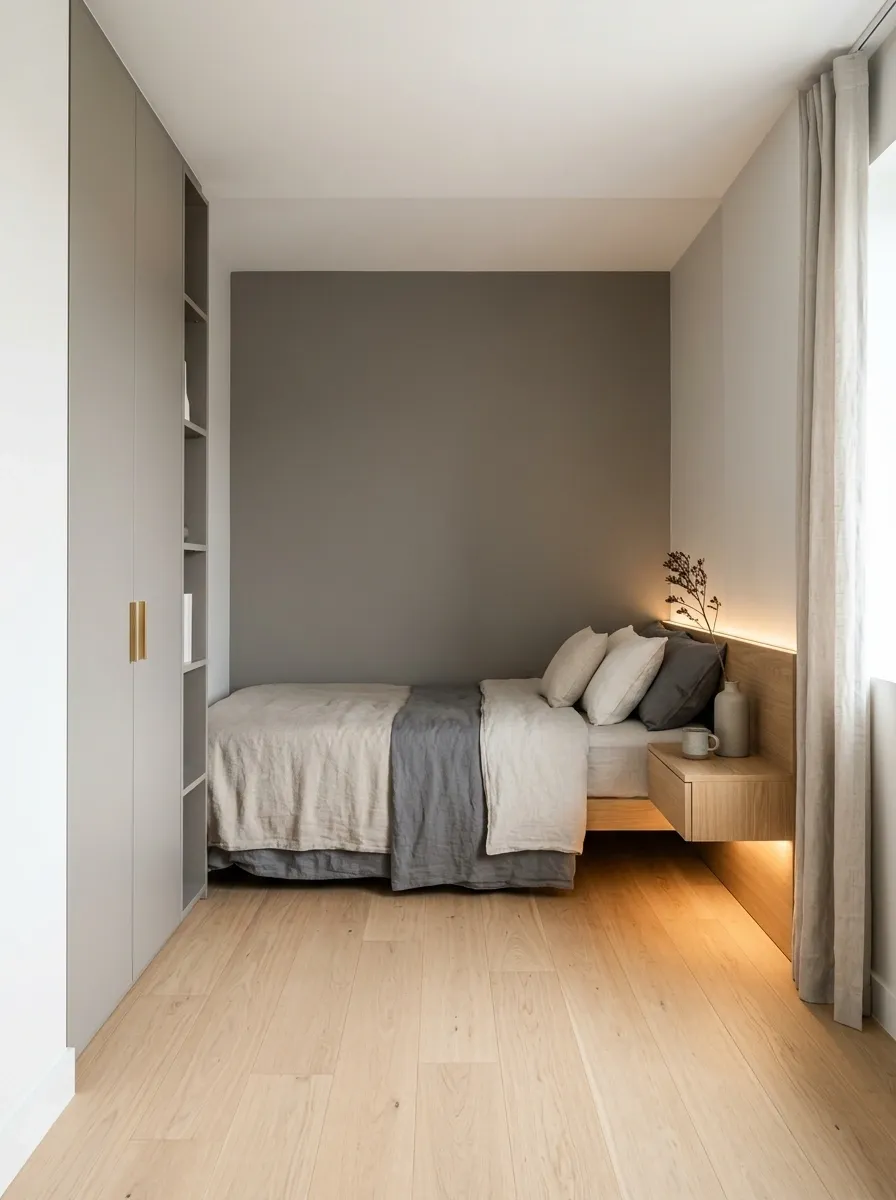 Modern Micro Bedroom With a Floating Bedside Shelf
