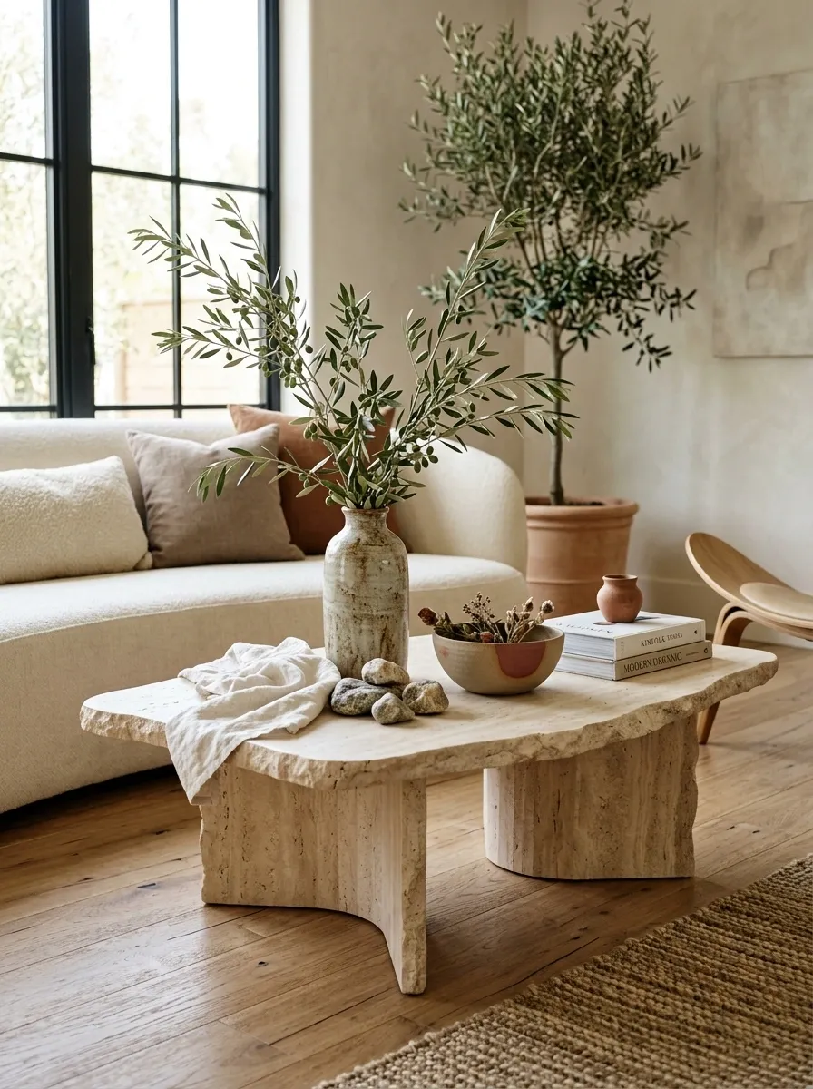 Modern Organic Coffee Table With Stone and Olive Branches